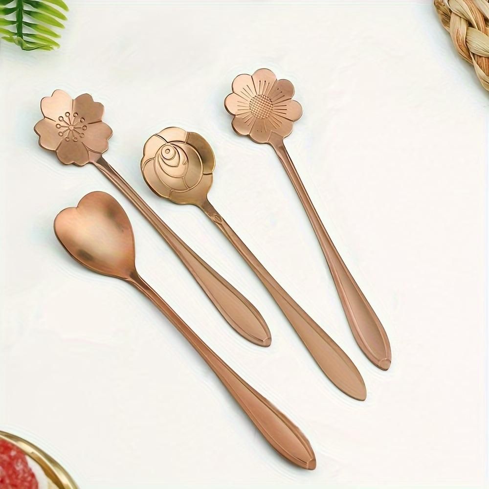 Golden Finished Floral Spoon Set of 4 with Sunflower, Rose , Lily and Daisy Design